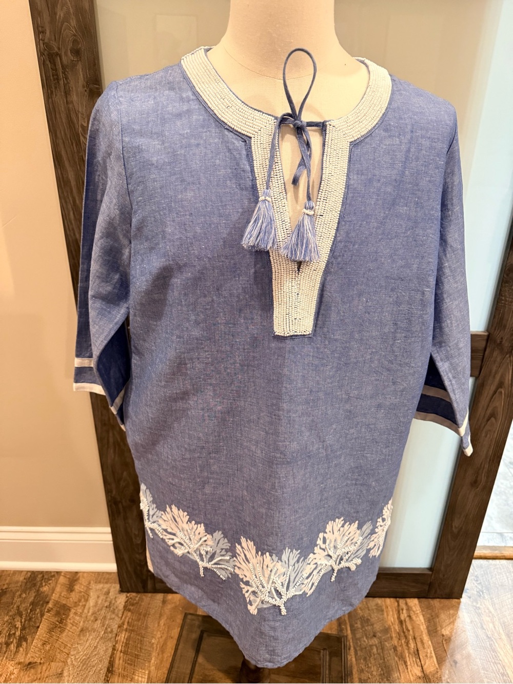 Talbots Women's Blue Chambray Linen Blend Coral Spring Summer Cover-Up Dress Med